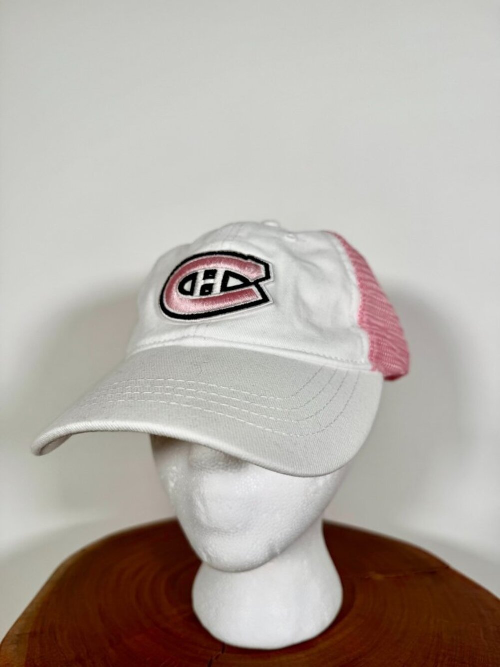 NHL Reebok Roger Edwards Montreal Canadiens White Pink Logo Mesh Hat